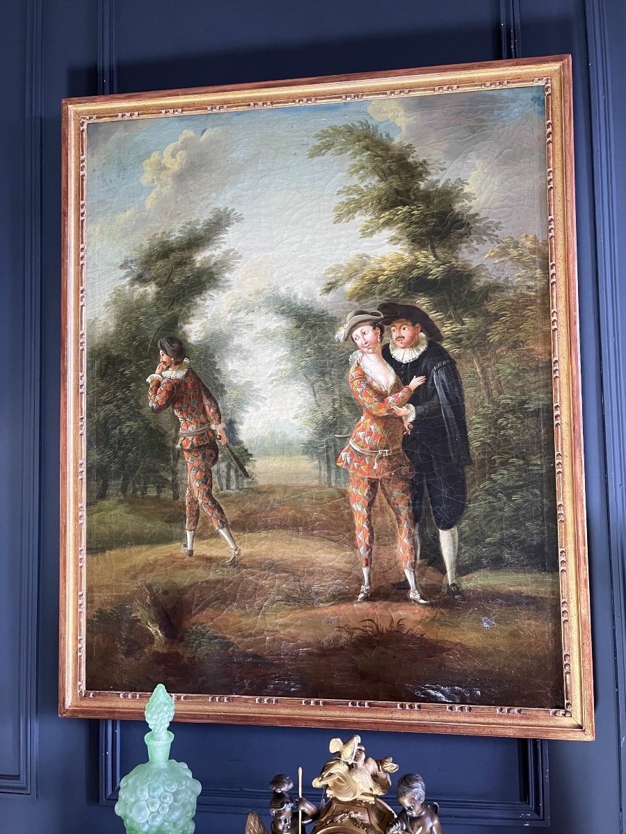 Huile Sur Toile Du Début Du XIXe Représentant Une Scène De La Comedia Del Arte-photo-2
