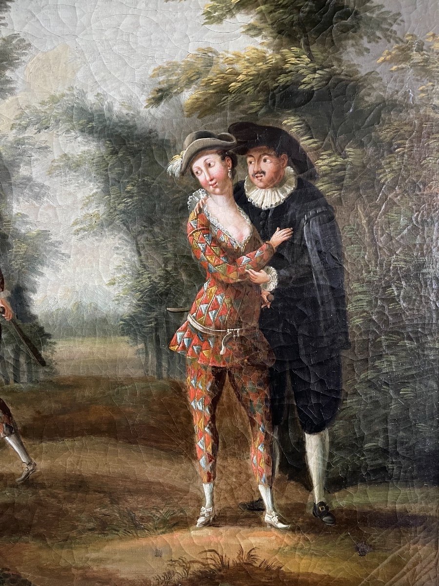 Huile Sur Toile Du Début Du XIXe Représentant Une Scène De La Comedia Del Arte-photo-4