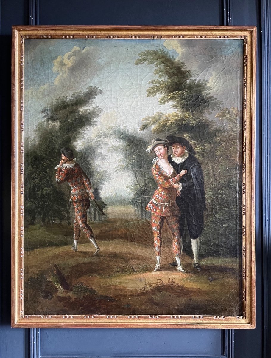 Huile Sur Toile Du Début Du XIXe Représentant Une Scène De La Comedia Del Arte
