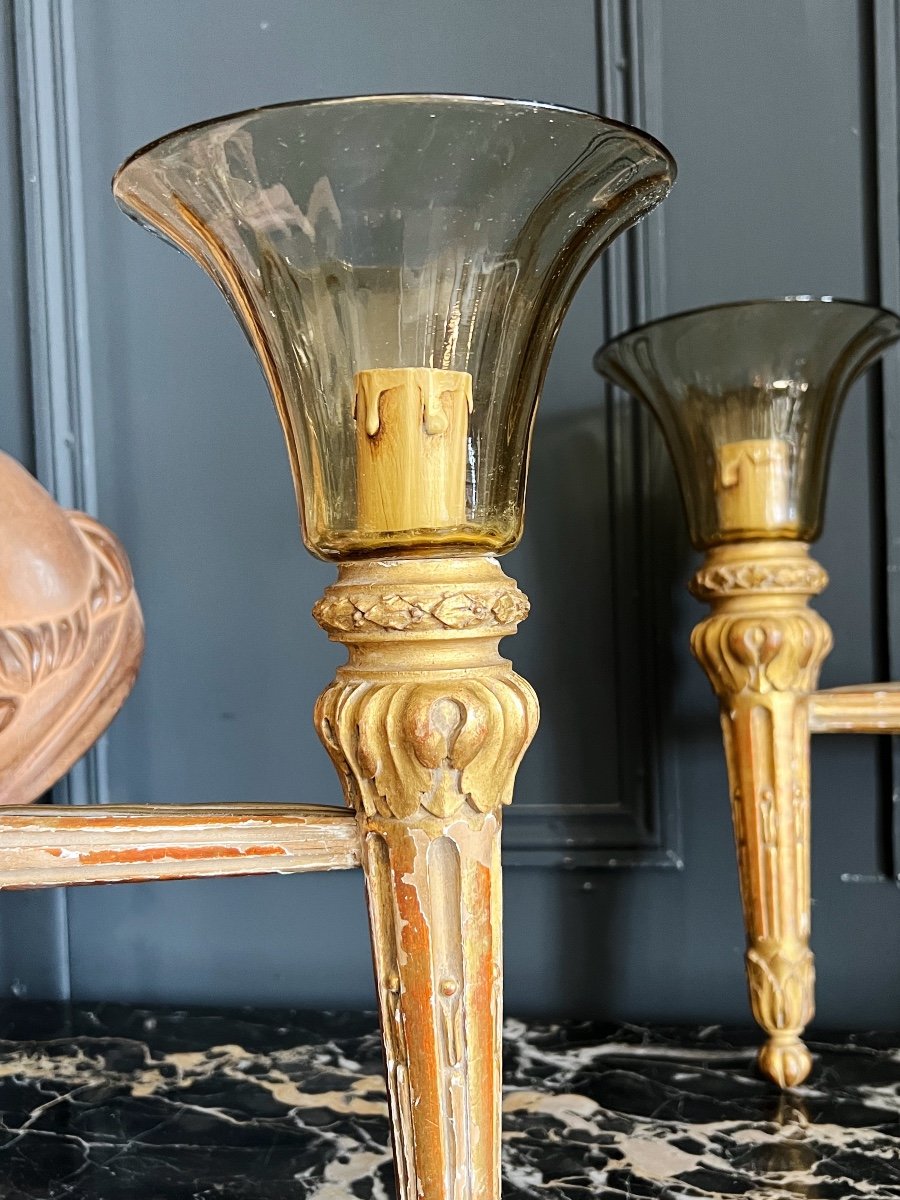 Paire d'Appliques d'époque Napoléon III En Bois Doré et Verre de Murano De Style Louis XVI-photo-4