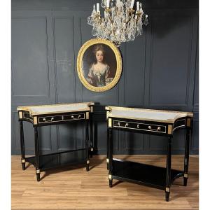 Pair Of Consoles In Black Lacquered Wood Louis XVI Style