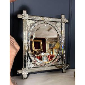 Miroir De Venise / Vénitien Fin XIXe En Verre Gravé et degagé à l’acide 