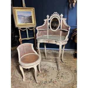 Coiffeuse Et Sa Chaise En Cannage D’époque Napoléon III En Bois Peint De Style Louis XVI