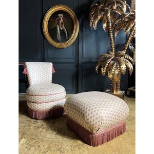 Napoleon III Style Armchair And Pouf Decorated With Pink Bows
