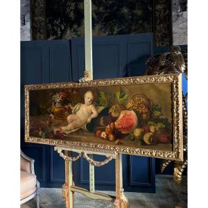 Haut De Porte / Huile Sur Toile Du XIXe Représentant Une Scène Au Putti 