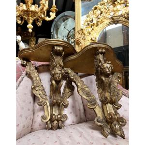 Paire De consoles D’appliques D’époque Napoléon III En Bois Doré à Décor De Têtes De Chérubins 