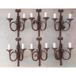 Rare Suite Of Six Sconces With Hunting Horns In Bronze With Brown Patina