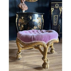 Pouf / Tabouret d'époque Napoléon III Avec Piètement Cordage En Bois Doré Et Sculpté - XIXe