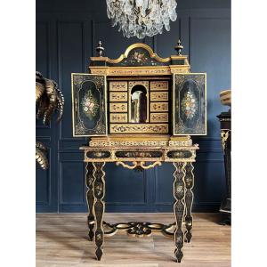 Napoleon III Period Cabinet In Painted And Gilded Wood With Floral Decor - 19th Century