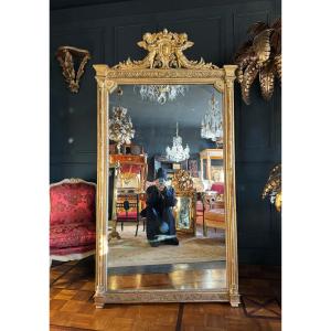 Napoleon III Period Fireplace Mirror In Golden Wood With Putti Decor - 19th Century