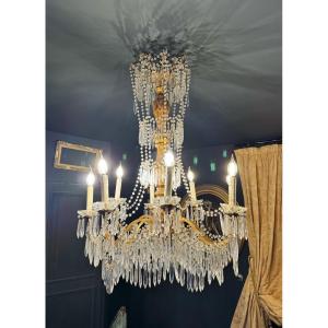 Large 19th Century Italian / Genoese Chandelier In Gilded Wood And Crystal