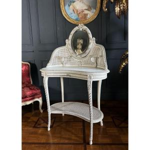 19th Century Dressing Table In Painted Wood And Louis XVI Style Canework