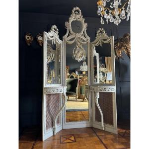 19th Century Triptych Mirror In Louis XVI Style Painted Wood - 2m53 High 