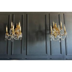 Pair Of 19th Century Sconces In Gilt Bronze And Louis XIV Style Crystal Pendants