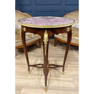 Napoleon III Period Pedestal Table In Marquetry Decorated With Beautiful Gilded Bronzes