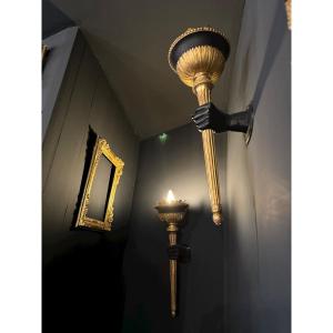Pair Of 19th Century Torchieres / Wall Sconces In Gilded Wood And Bronze 