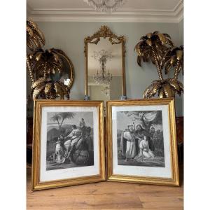 Grande paire de gravures à scène biblique dans leur cadre d’origine en bois doré du XIXe 