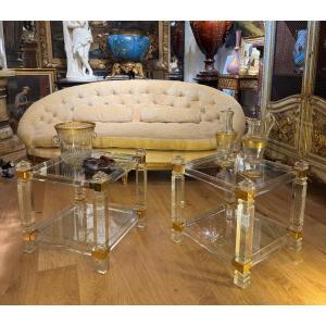 Pair Of 20th-century Side Tables In Plexiglass And Glass 