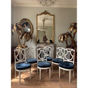 Suite de 6 chaises à la lyre d’époque Napoléon III en bois peint de style Louis XVI