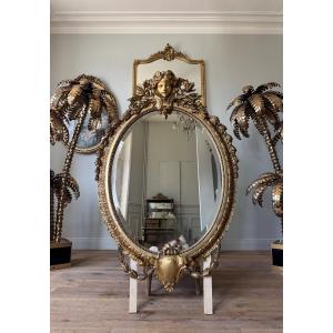 Oval Mirror From The Napoleon III Period, Made Of Gilded Wood—19th Century