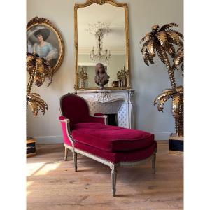 Chaise longue d’époque Napoléon III en bois peint et sculpté de style Louis XVI