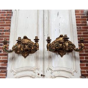 Pair Of Italian Wall Sconces From The Napoleon III Period, Made Of Painted And Gilded Wood—19th Century