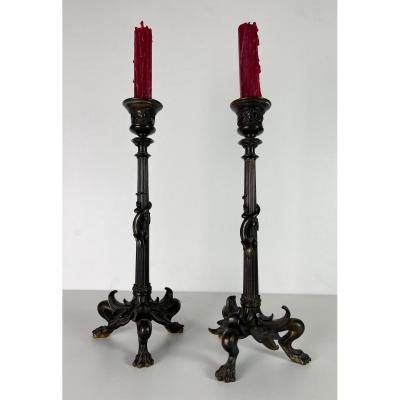 Pair Of Napoleon III Bronze Candlesticks In The Taste Of Barbedienne