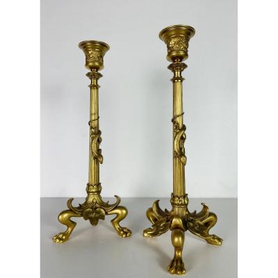 Pair Of Napoleon III Candlesticks In Gilt Bronze - Nineteenth