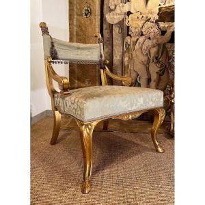 Napoleon III Fireside Chair In Golden Wood With Its Original Silk - Nineteenth