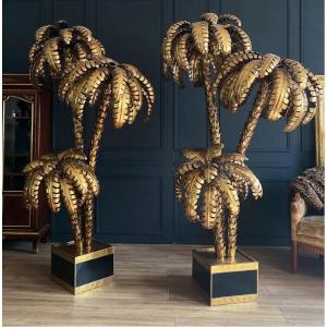 Pair Of Jansen Style Palm Tree Floor Lamps From The 70s In Golden Metal - XXth