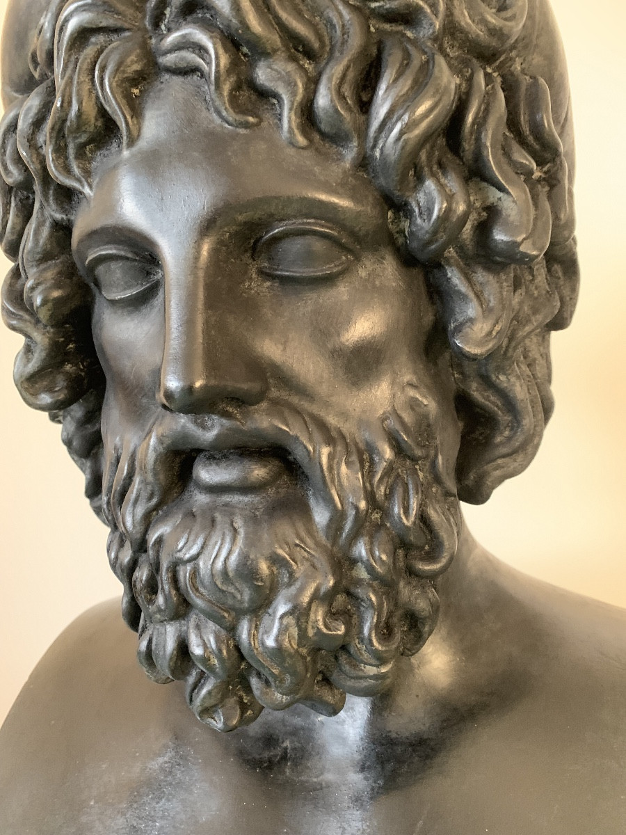 Large Patinated Bronze Plaster Bust Of Aesculapius, Roman God Of Medicine, Late 19th Century-photo-2