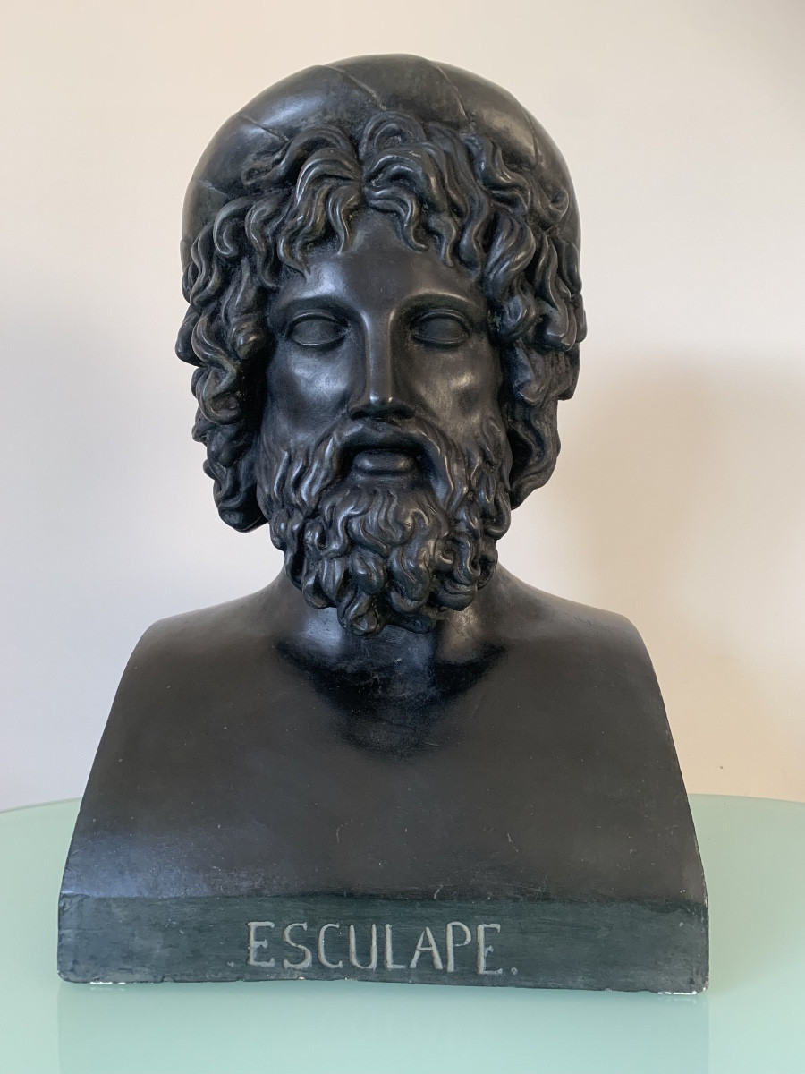 Large Patinated Bronze Plaster Bust Of Aesculapius, Roman God Of Medicine, Late 19th Century