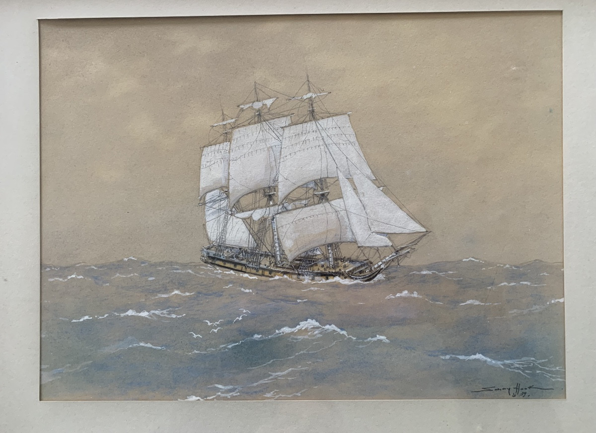 Sandy-hook, Three-masted Ship In Rough Seas, Marine Painter 