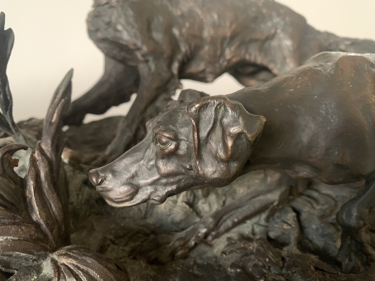  Pierre-Jules MÈNE (Paris, 1810 - 1879) Chasse à la perdrix. Bronze à patine brune Époque XIX s-photo-3