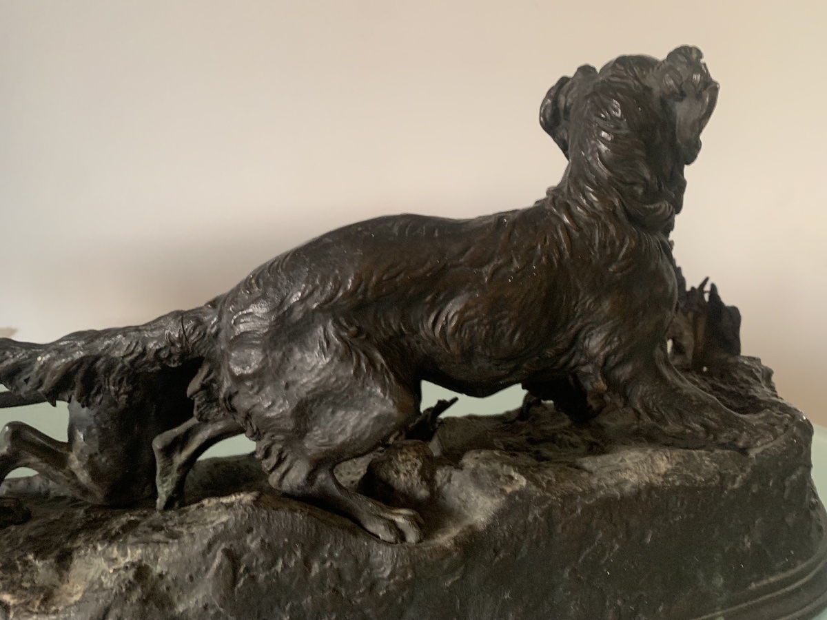 Pierre-Jules MÈNE (Paris, 1810 - 1879) Chasse à la perdrix. Bronze à patine brune Époque XIX s-photo-1