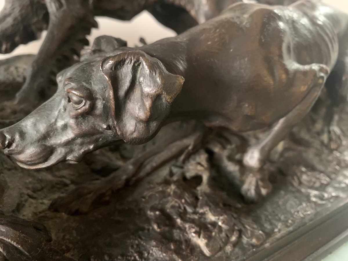 Pierre-Jules MÈNE (Paris, 1810 - 1879) Chasse à la perdrix. Bronze à patine brune Époque XIX s-photo-2