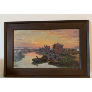 Jules CLAVERIE (1859-1932) " Pêcheur le long du canal aux Martigues"