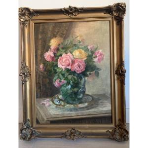 Pierre Garnier (1847 - 1937)  école lyonnaise Roses nature morte"