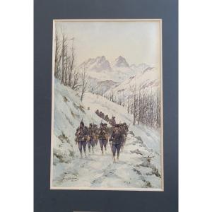 Bernard Rambaud Alpine Hunters In A Snowy Landscape