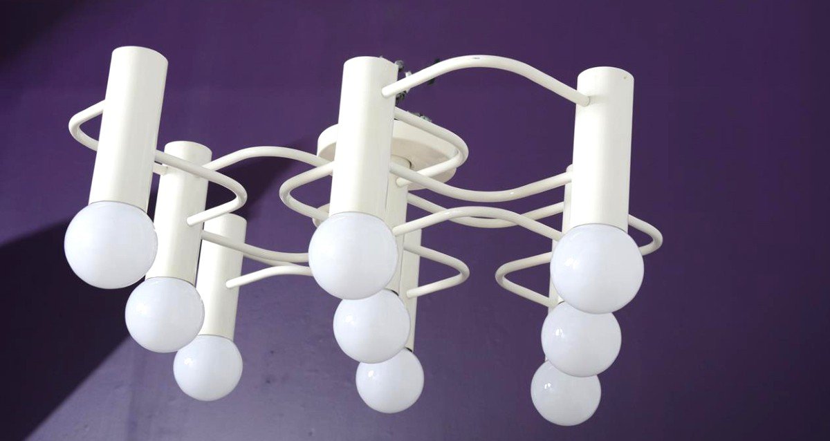 Imposing 70s Light Fixture In White Lacquered Metal.-photo-1