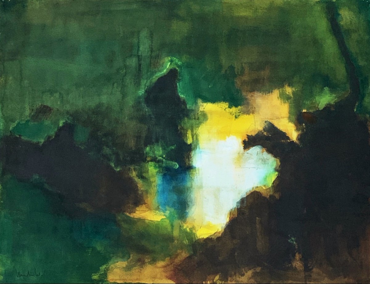 Pierre Montheillet (1923-2011), Composition In Green And Yellow, Watercolor And Gouache On Paper-photo-1