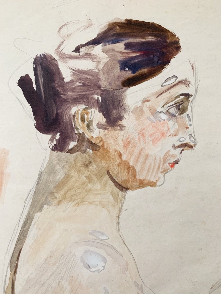 Raphaël Delorme (1885-1962), Etude de femme de profil, aquarelle, gouache et crayon sur papier-photo-3