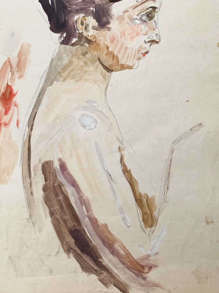 Raphaël Delorme (1885-1962), Etude de femme de profil, aquarelle, gouache et crayon sur papier-photo-4