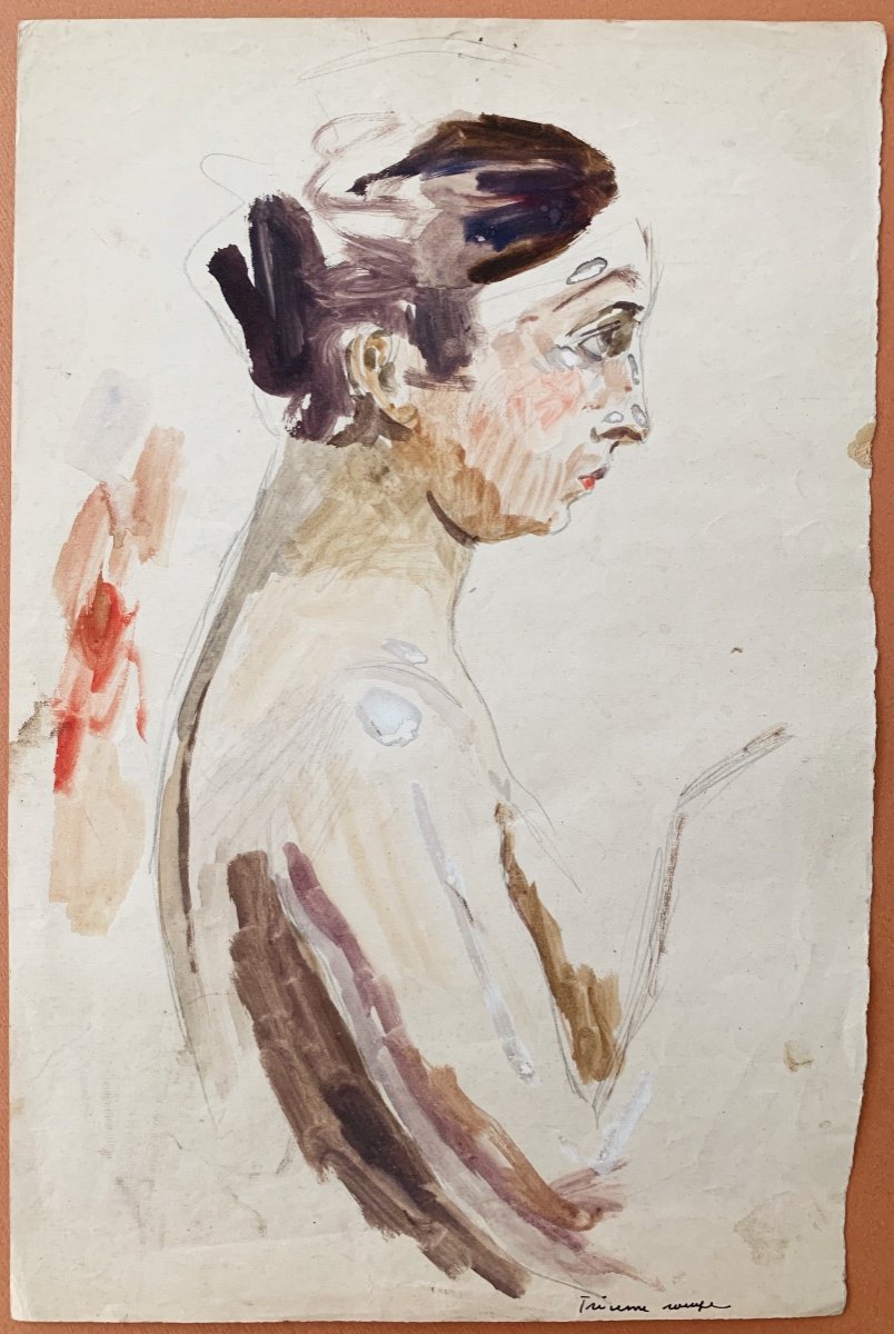 Raphaël Delorme (1885-1962), Etude de femme de profil, aquarelle, gouache et crayon sur papier