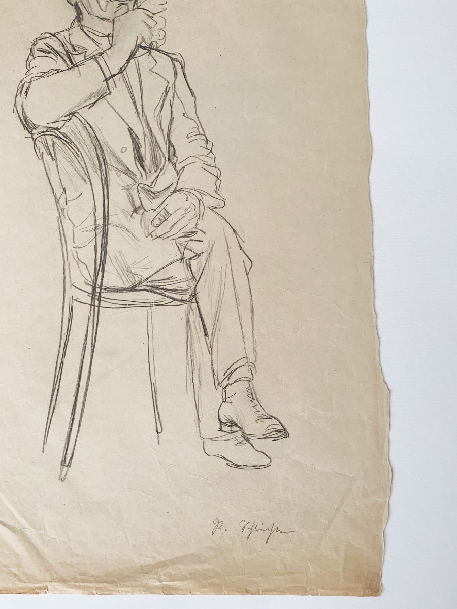 Rudolf Schlichter (1890-1955), Seated Man Smoking A Cigarette, Black Stone On Paper-photo-3
