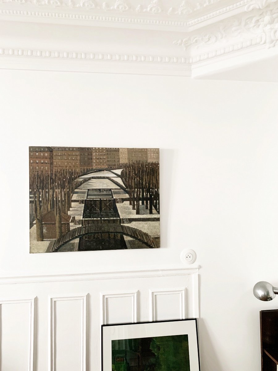Emilio Trad (né en 1953), Paris Canal Saint-Martin, c.1989, huile sur toile-photo-3