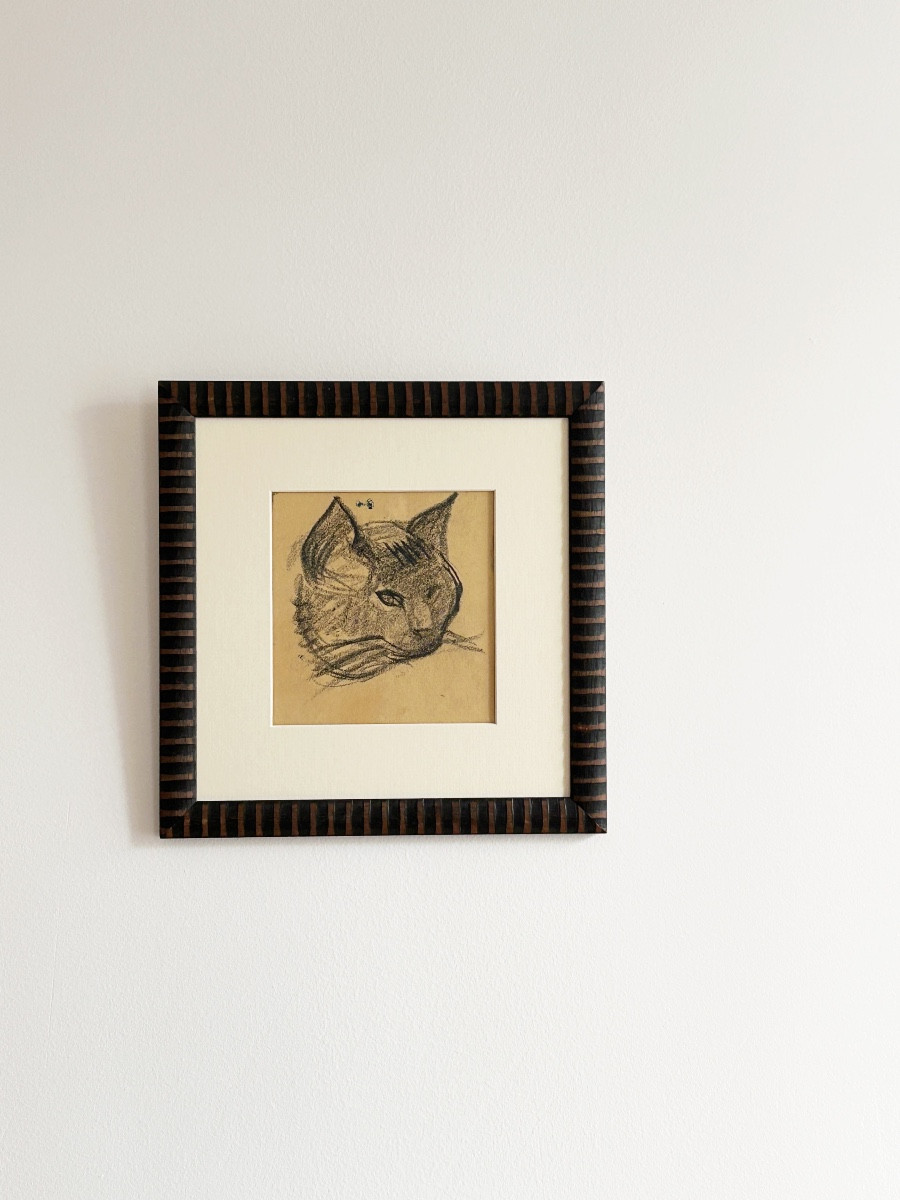 Victor Prouvé (1858-1943), étude De Tête De Chat, Fusain Sur Papier-photo-1
