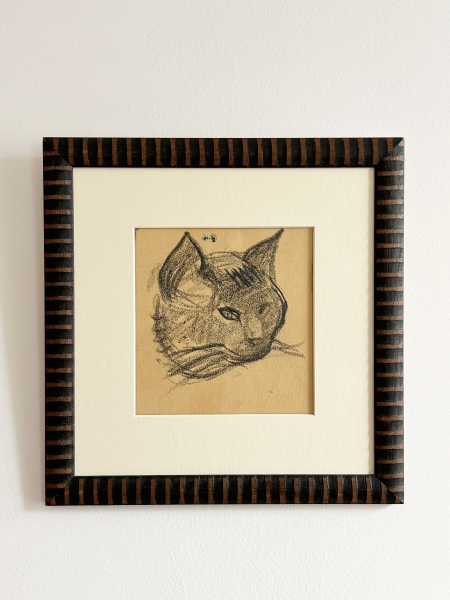 Victor Prouvé (1858-1943), étude De Tête De Chat, Fusain Sur Papier