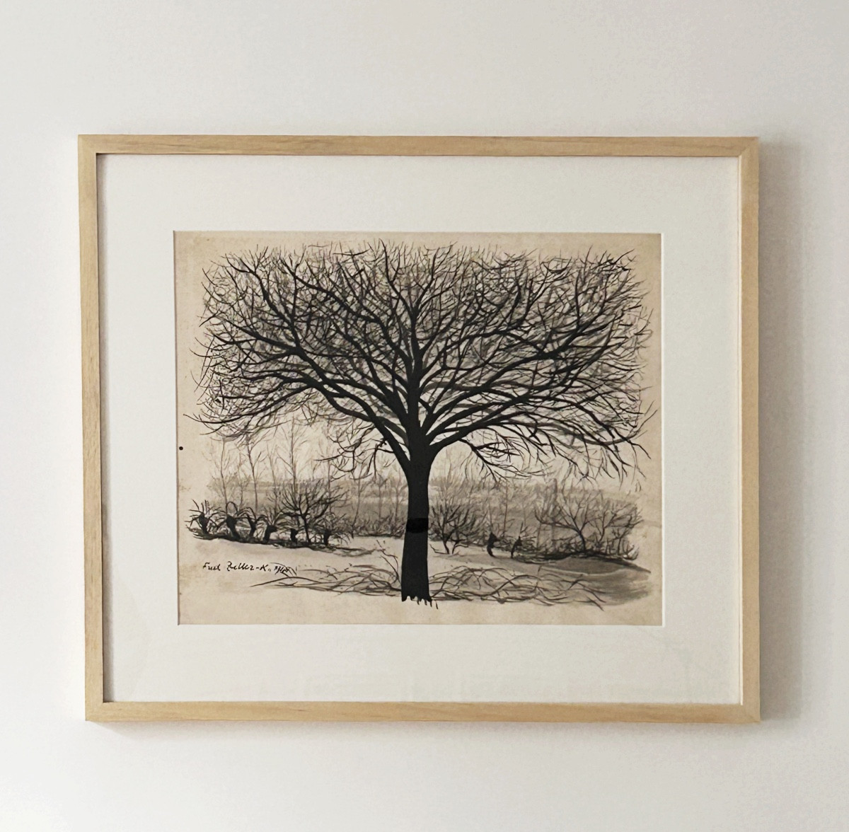 Frédéric ZELLER (1912-2003),  L’Arbre en hiver, 1948,  Encre de Chine et lavis sur papier