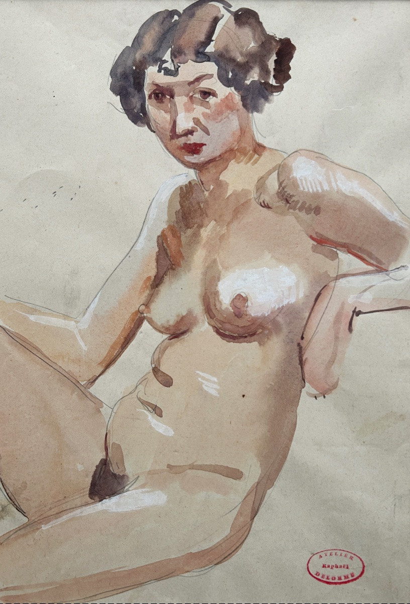 ART DECO Raphaël Delorme  (1886-1962), Etude préparatoire à La Piscine, aquarelle et crayon -photo-3